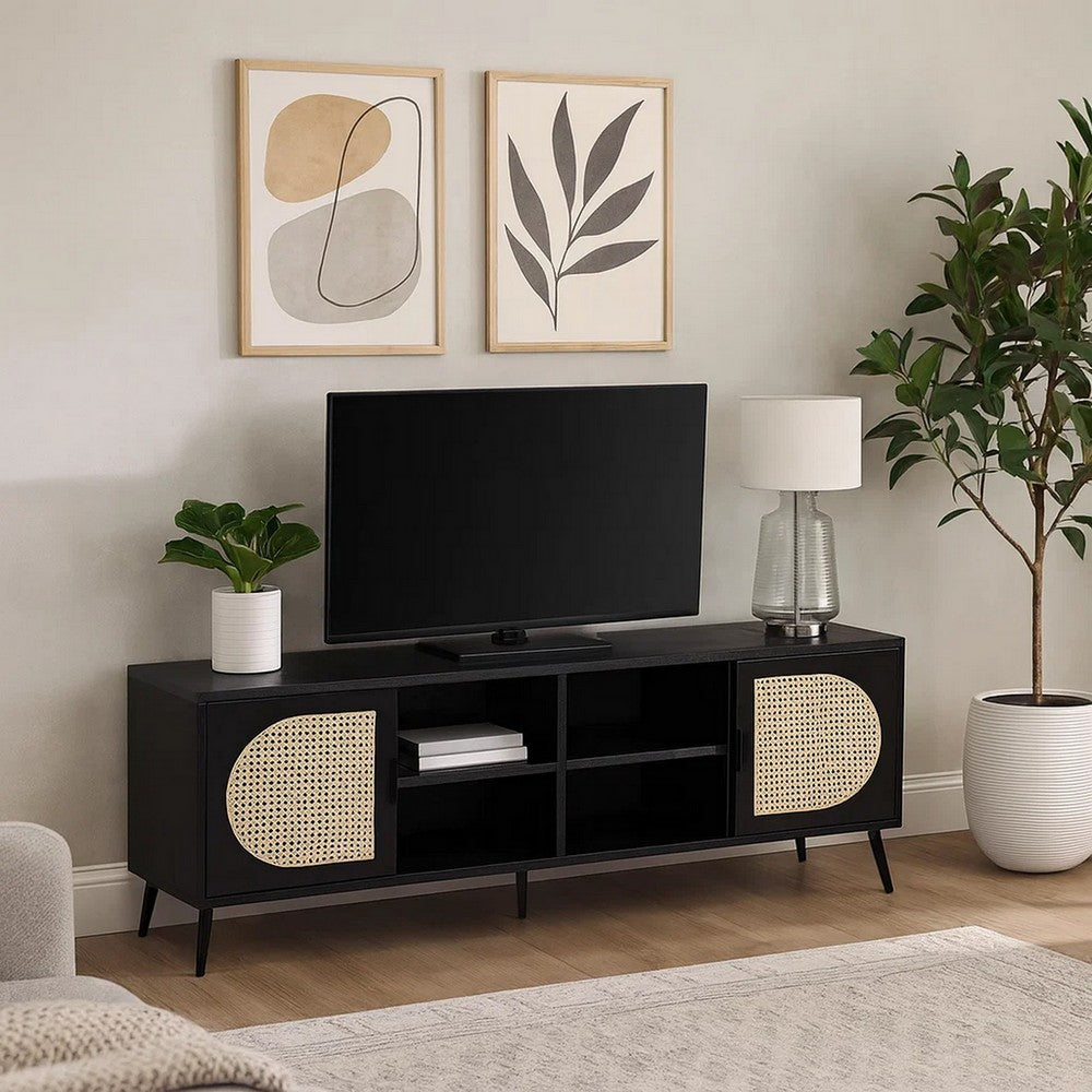 60 Inch TV Entertainment Center, Rattan Front 2 Cabinet, Metal Legs, Black