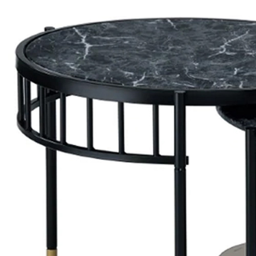 40 Inch 2 Piece Nesting Coffee Table Faux Marble Top Glass Shelf Black BM275495