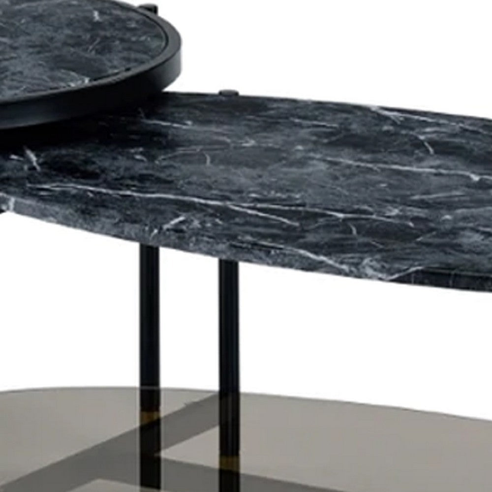 40 Inch 2 Piece Nesting Coffee Table Faux Marble Top Glass Shelf Black BM275495
