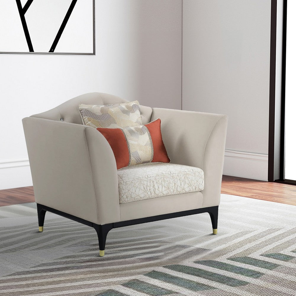 Mavi 44 Inch Chair, Velvet, Arched, Button Tufted, Metal Legs, Beige