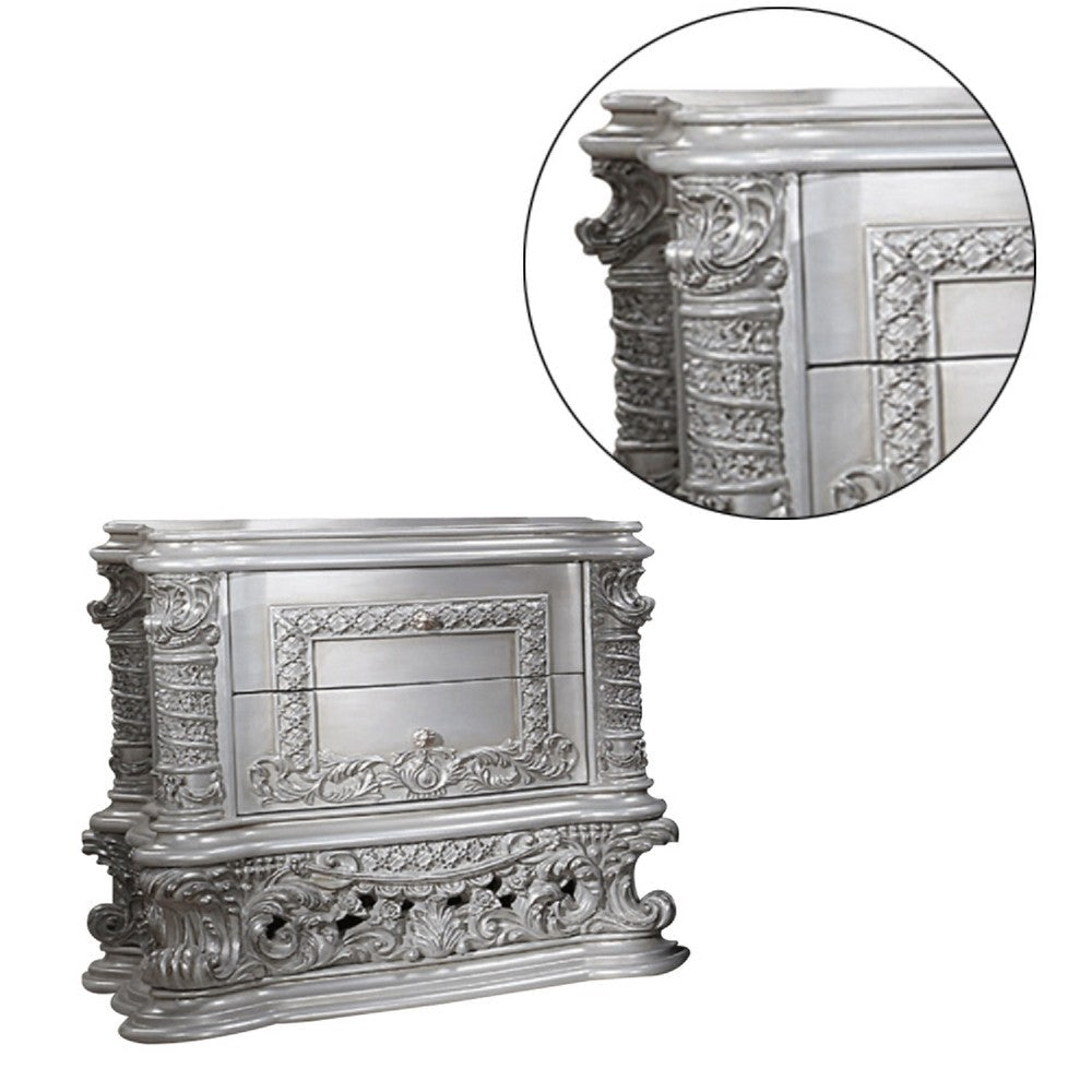 Vera 36 Inch Wood Nightstand 2 Drawers Ornate Carving Gray Light Gold BM275516