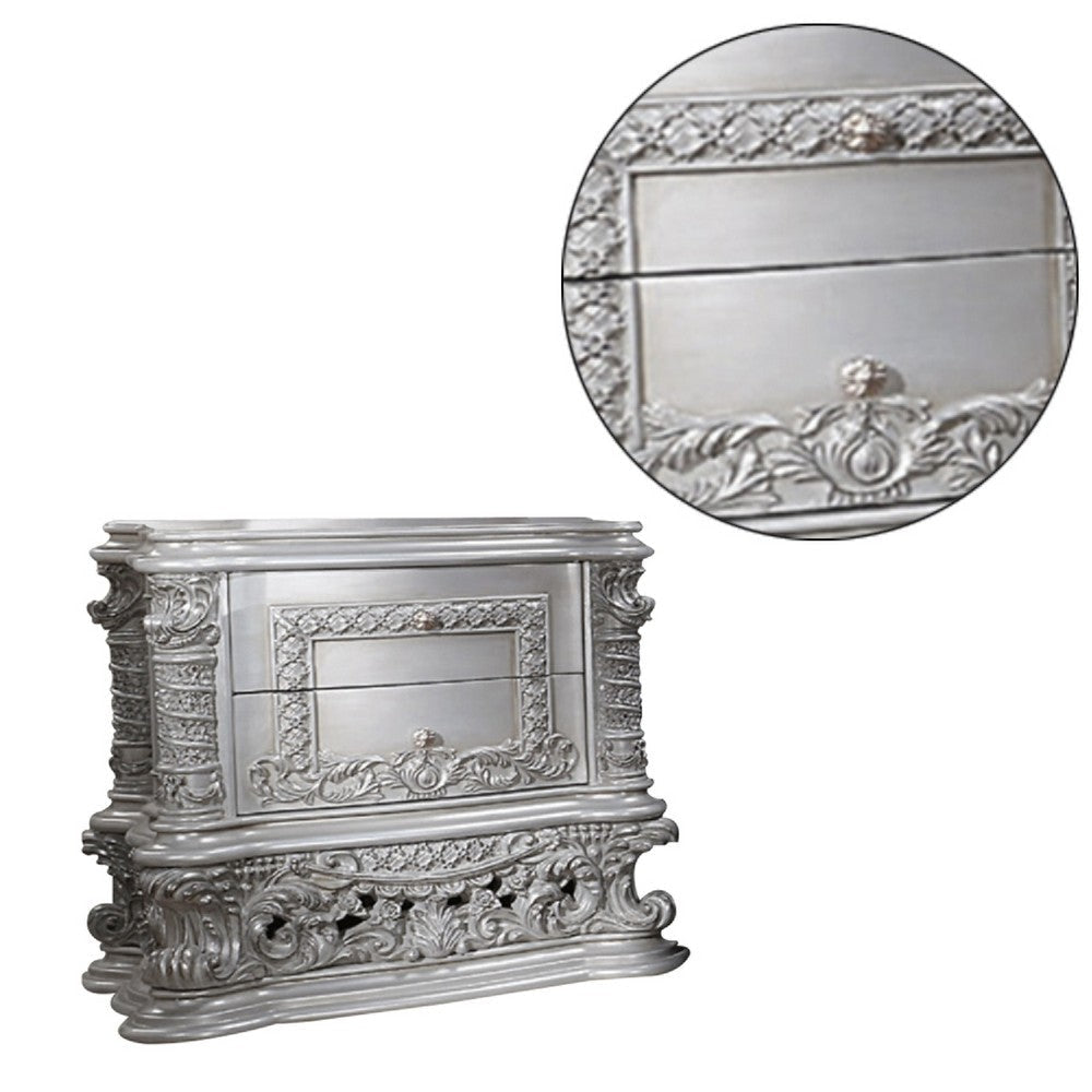 Vera 36 Inch Wood Nightstand 2 Drawers Ornate Carving Gray Light Gold BM275516