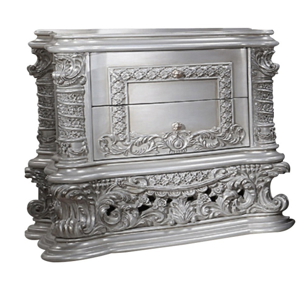 Vera 36 Inch Wood Nightstand, 2 Drawers, Ornate Carving, Gray, Light Gold