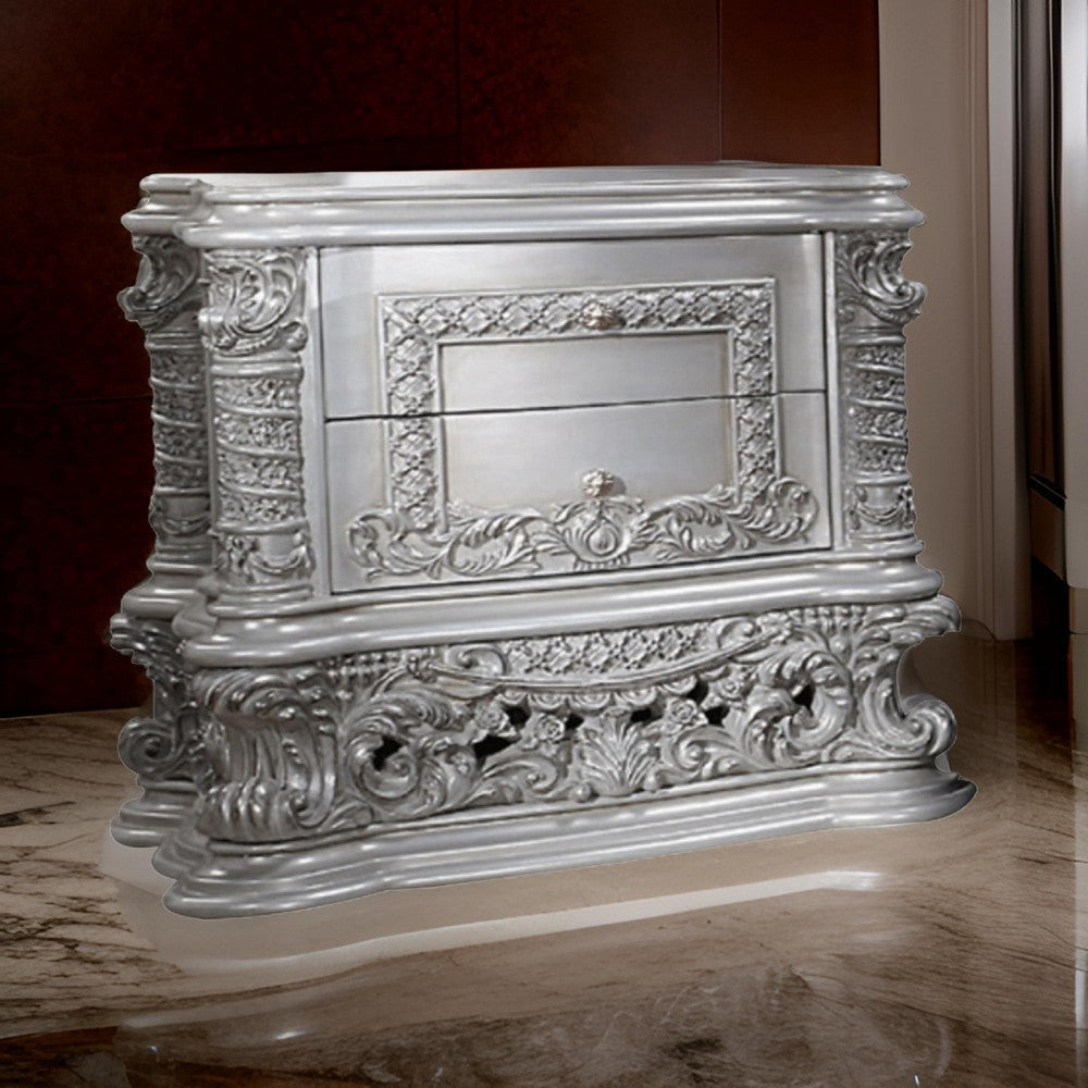 Vera 36 Inch Wood Nightstand, 2 Drawers, Ornate Carving, Gray, Light Gold