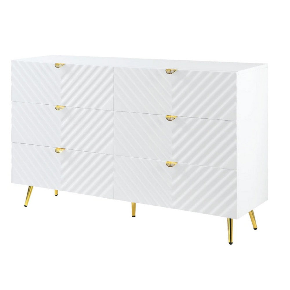 Tyra 55 Inch Wood Dresser Wavy Textured Design Gold Metal Legs White By Casagear Home BM275524