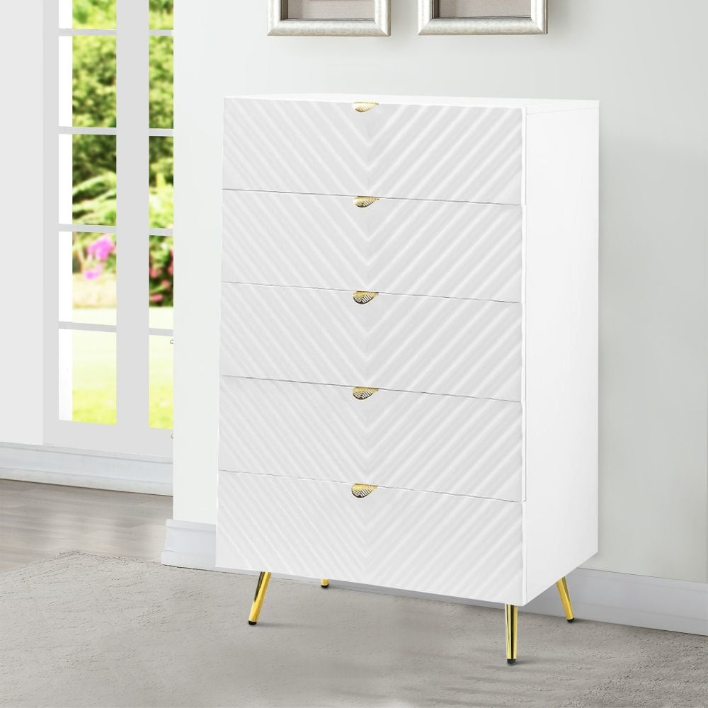 Tyra 49 Inch Wood Tall Dresser Chest, Wavy Design, Gold Metal Legs, White By Casagear Home