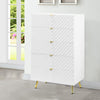 Tyra 49 Inch Wood Tall Dresser Chest, Wavy Design, Gold Metal Legs, White By Casagear Home