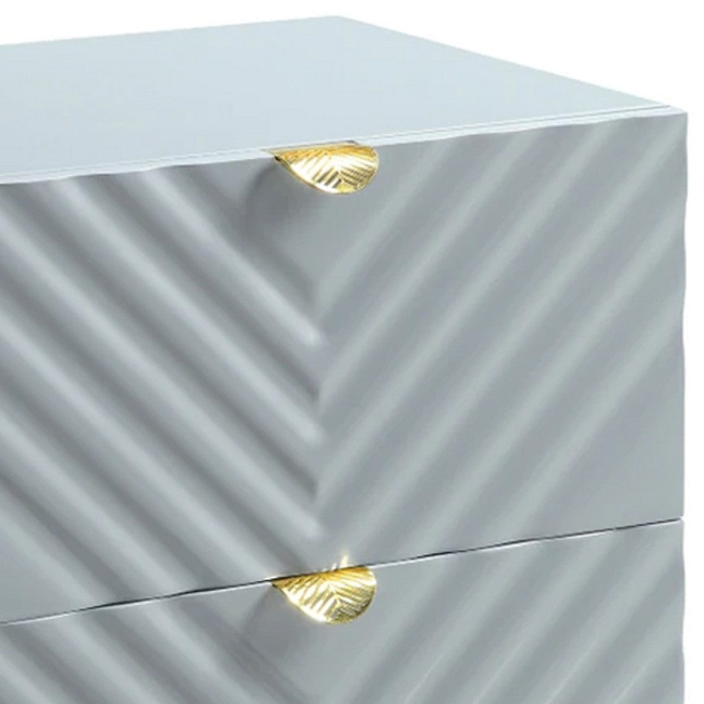 Tyra 25 Inch Wood Nightstand Textured Wavy Design Gold Metal Legs Gray BM275526