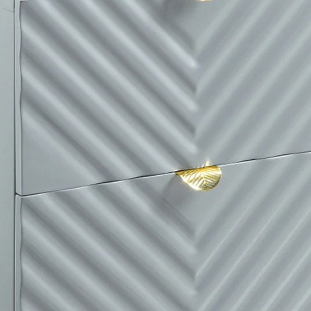 Tyra 25 Inch Wood Nightstand Textured Wavy Design Gold Metal Legs Gray BM275526