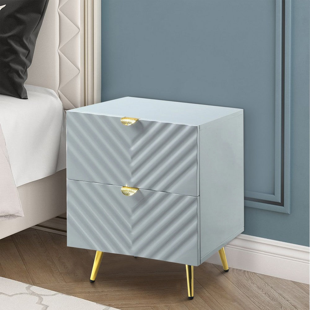 Tyra 25 Inch Wood Nightstand, Textured Wavy Design, Gold Metal Legs, Gray