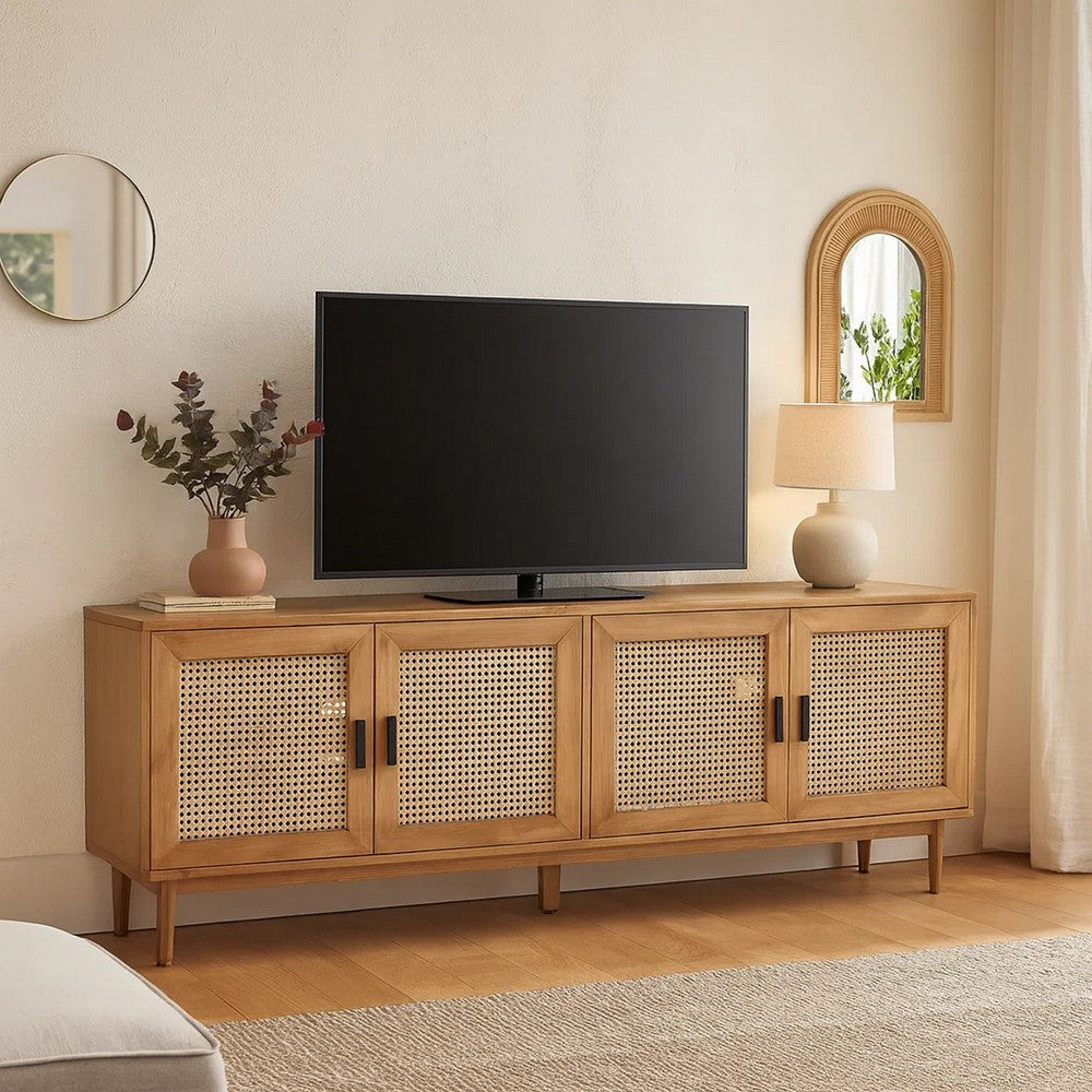 Evans TV Console Cabinet | 79" | Pine Wood | 4 Door | Natural Brown