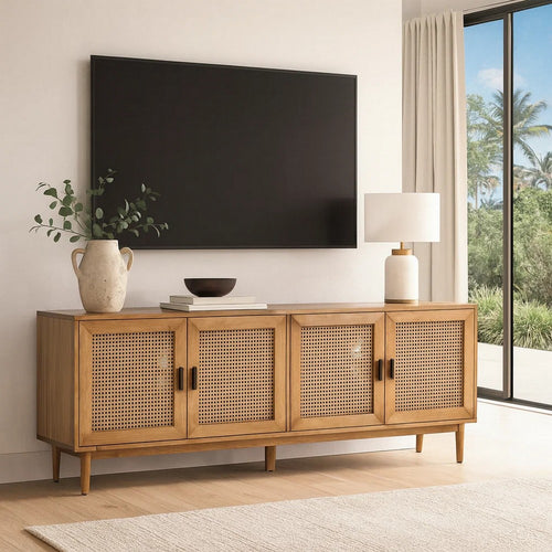 Evans TV Console Cabinet | 79" | Pine Wood | 4 Door | Natural Brown