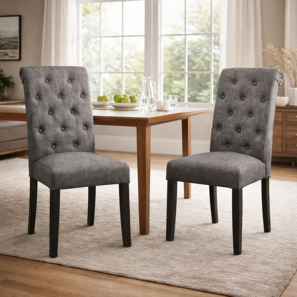 27 Inch Fabric Dining Chair, Button Tufted Rolled Back, Wood, Gray