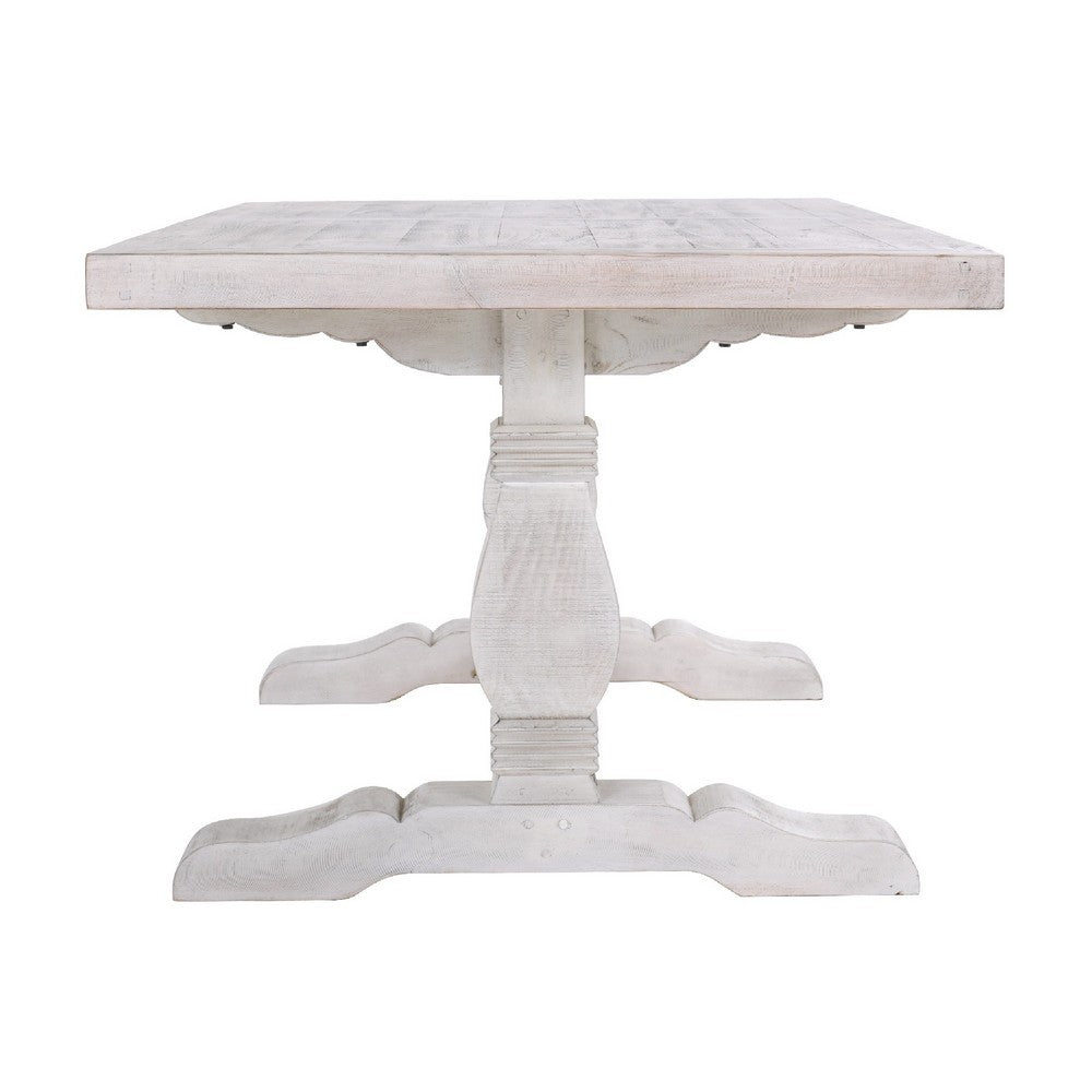 Kai 95 Inch Reclaimed Pine Wood Dining Table, Double Turned Pedestal, White