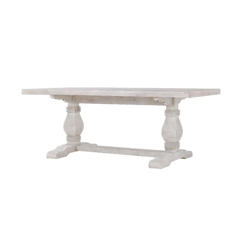 Kai 95 Inch Reclaimed Pine Wood Dining Table, Double Turned Pedestal, White