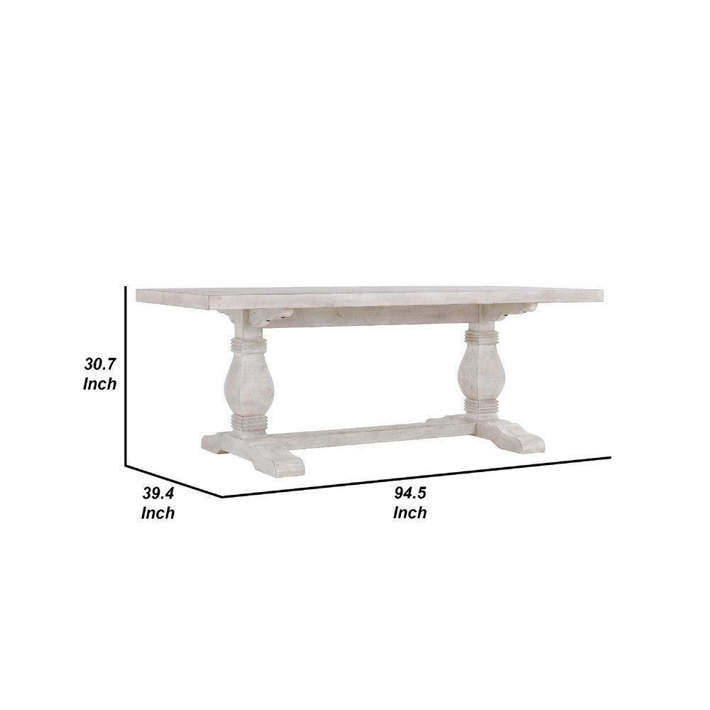 Kai 95 Inch Reclaimed Pine Wood Dining Table, Double Turned Pedestal, White
