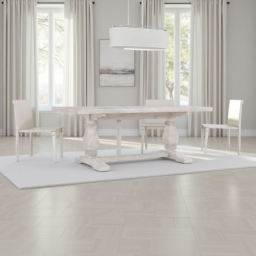 Kai 95 Inch Reclaimed Pine Wood Dining Table, Double Turned Pedestal, White