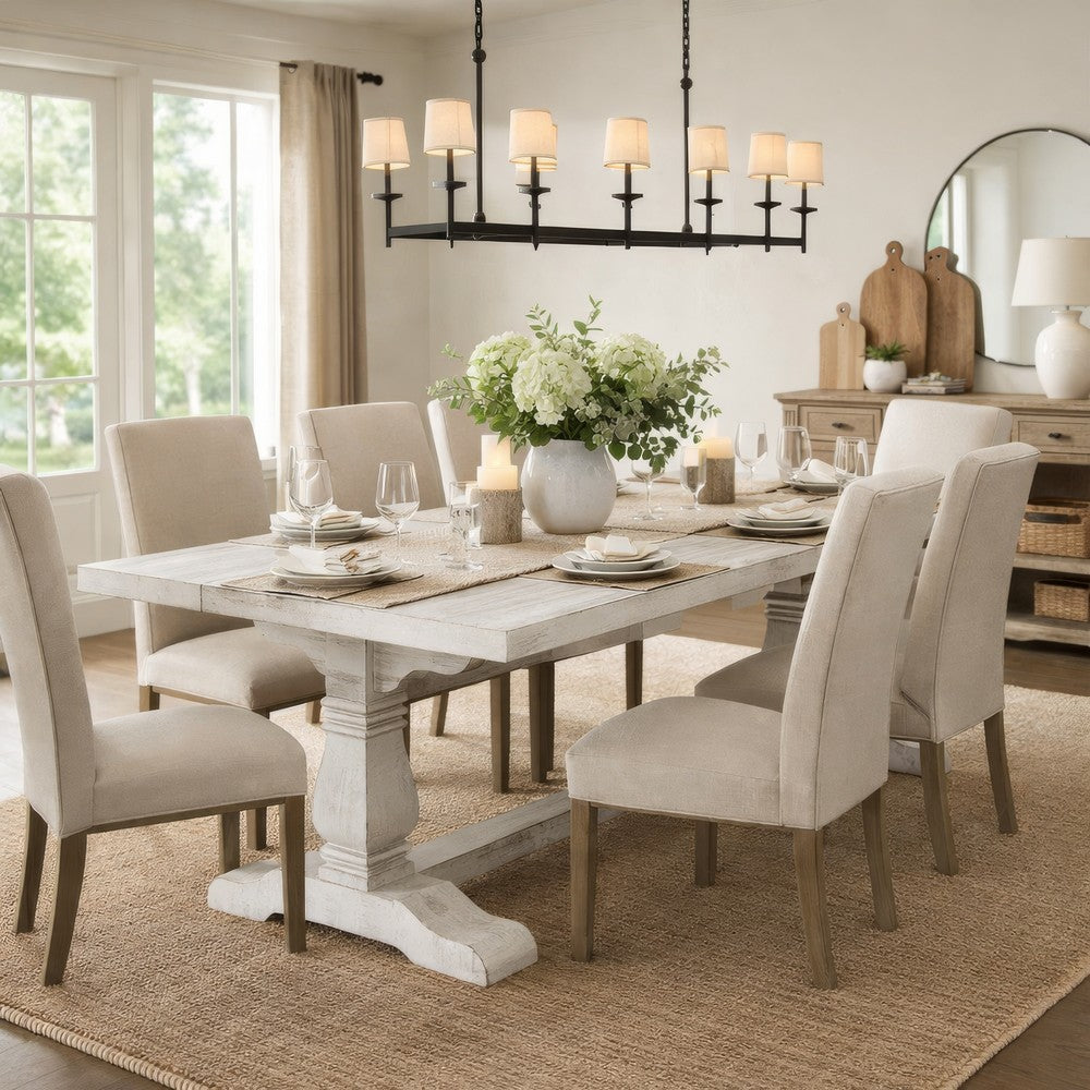 Kai 95 Inch Reclaimed Pine Wood Dining Table, Double Turned Pedestal, White