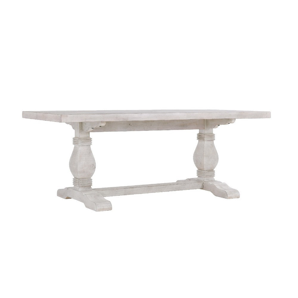 Kai 95 Inch Reclaimed Pine Wood Dining Table, Double Turned Pedestal, White