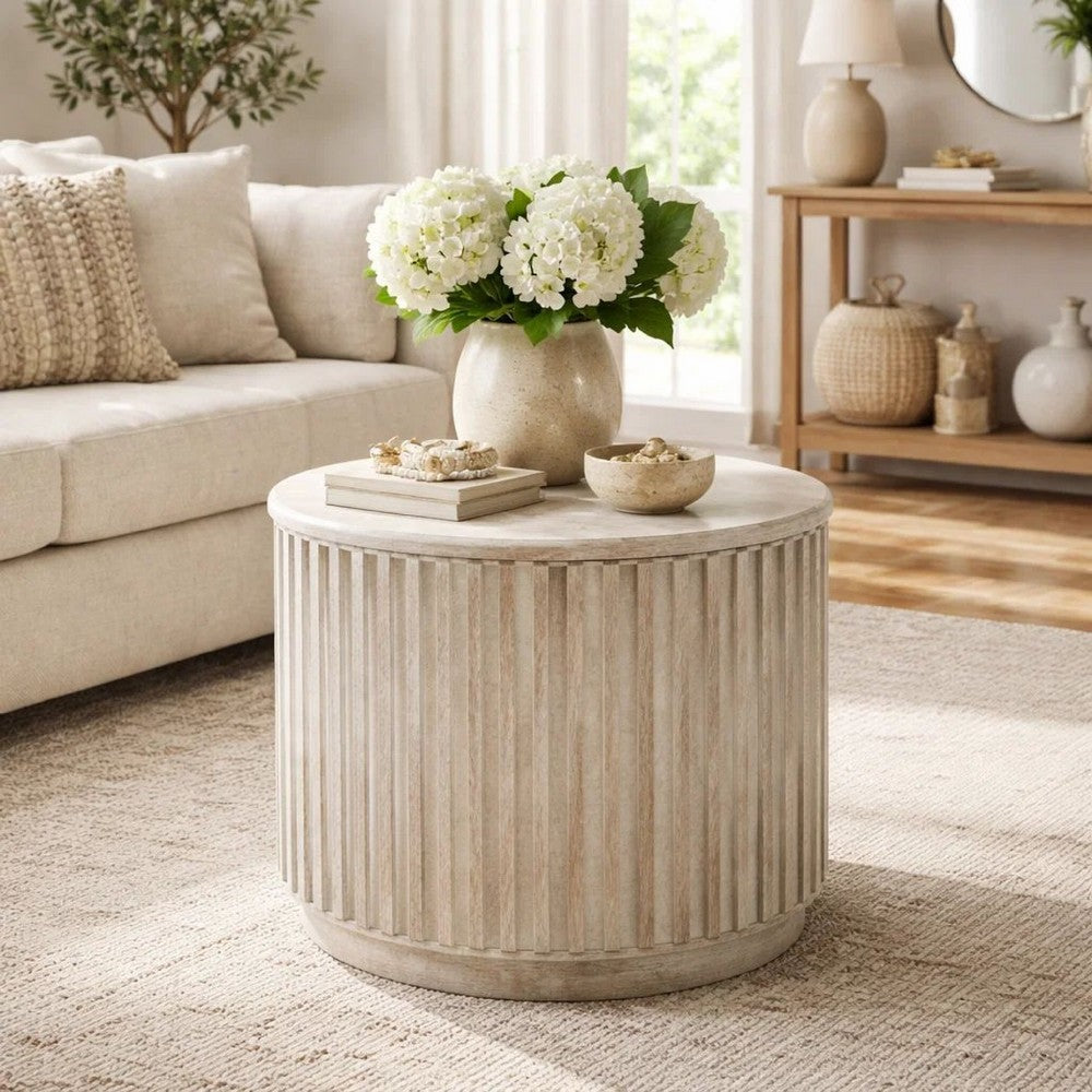 Mai End Table | 24" Round | Solid Wood | Fluted Design | White