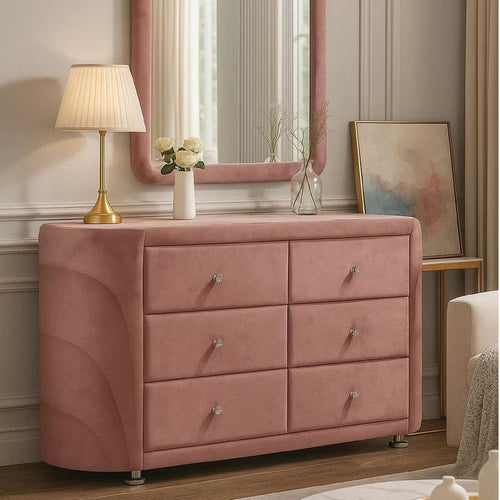 Sin 62 Inch Modern Side Dresser, 6 Drawers, Round Metal Knobs, Velvet, Pink