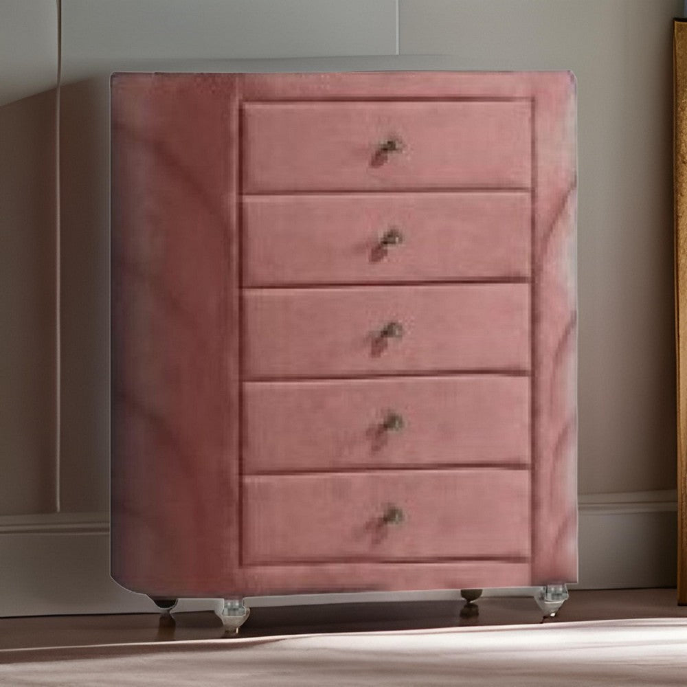 Sin 45 Inch Tall Dresser Chest, 5 Drawers, Round Metal Knobs, Velvet, Pink