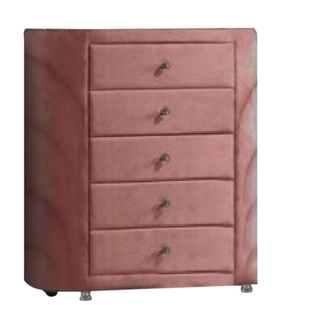 Sin 45 Inch Tall Dresser Chest, 5 Drawers, Round Metal Knobs, Velvet, Pink