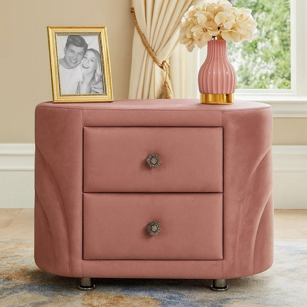 Sin 29 Inch Modern Nightstand, 2 Drawers, Round Metal Knobs, Velvet, Pink