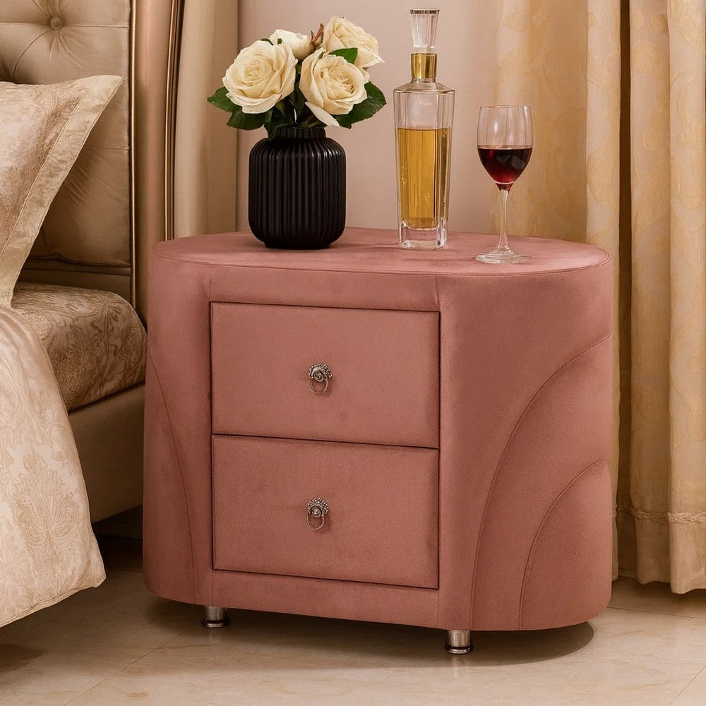Sin 29 Inch Modern Nightstand, 2 Drawers, Round Metal Knobs, Velvet, Pink