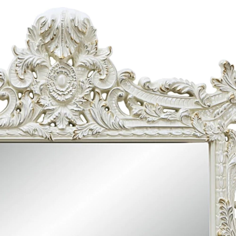 Rox 62 Inch Classic Ornate Carved Mirror Crowned Top Frame Wood White BM275672
