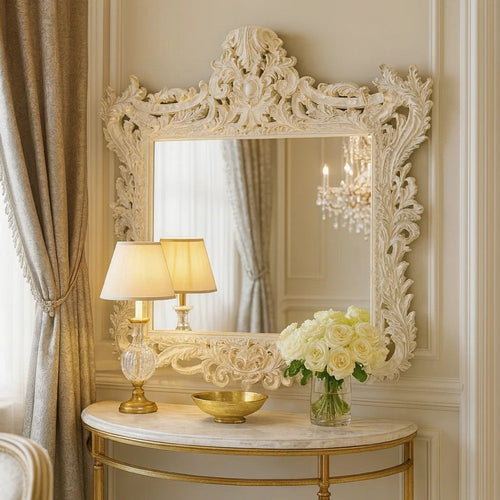 Rox 62 Inch Classic Ornate Carved Mirror, Crowned Top Frame, Wood, White