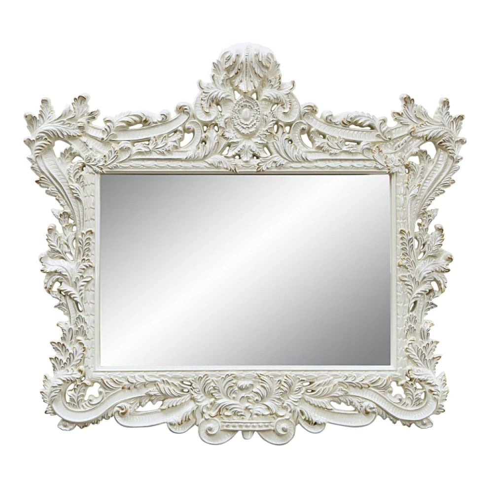 Rox 62 Inch Classic Ornate Carved Mirror, Crowned Top Frame, Wood, White