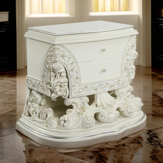 Rox Nightstand | 40" | Carved | 2 Drawer | White