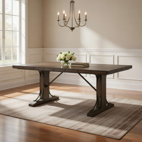 Ral 78 Inch Dining Table, Nailhead Trim, Double Pedestals, Brown