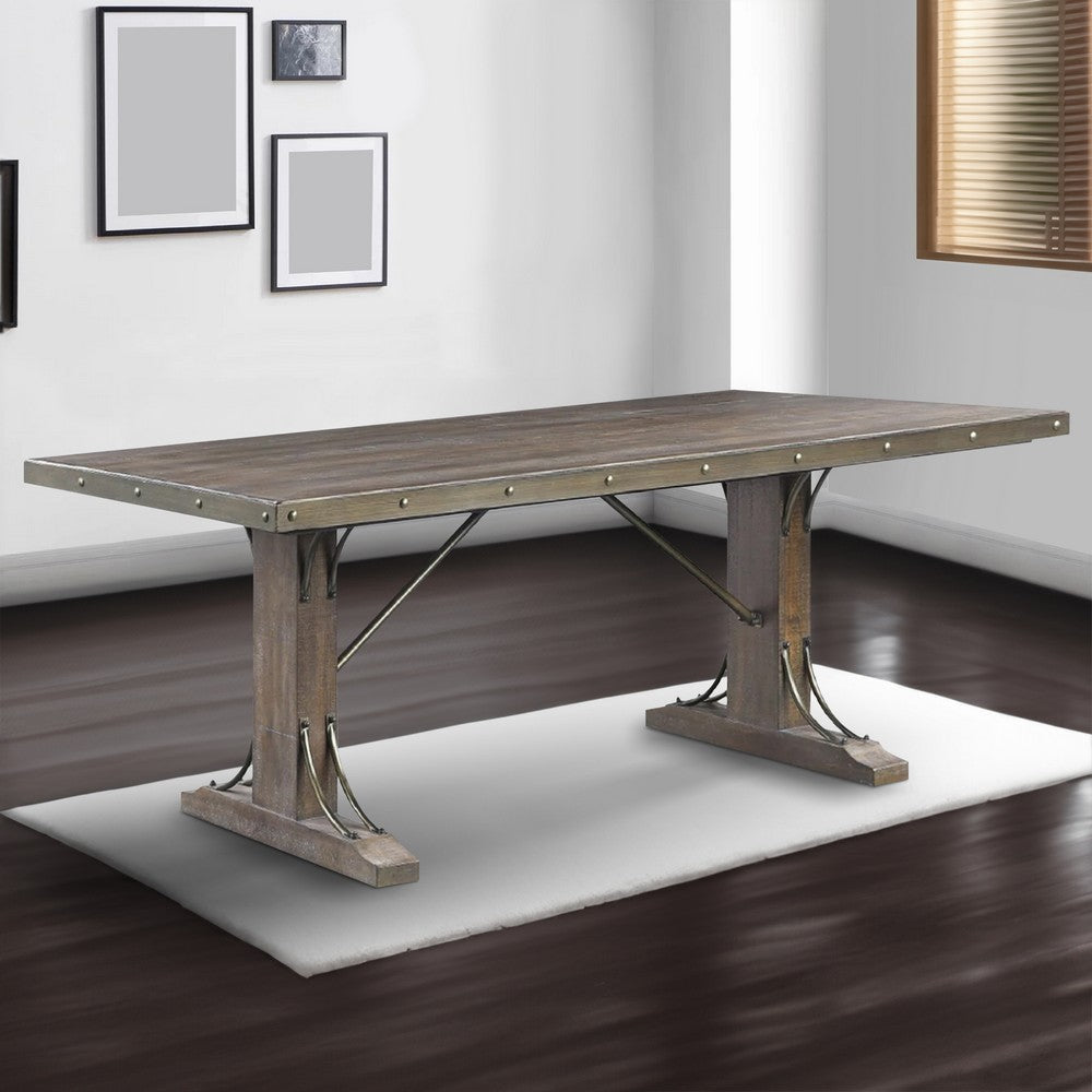 Ral 78 Inch Dining Table, Nailhead Trim, Double Pedestals, Brown