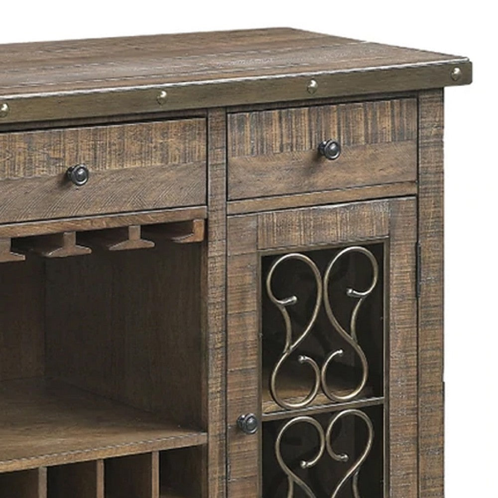Ral 56 Inch Wood Sideboard Wine Bar Cabinet Metal Scroll Rustic Brown BM275677