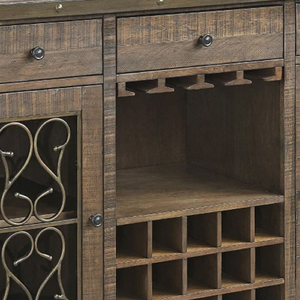 Ral 56 Inch Wood Sideboard Wine Bar Cabinet Metal Scroll Rustic Brown BM275677