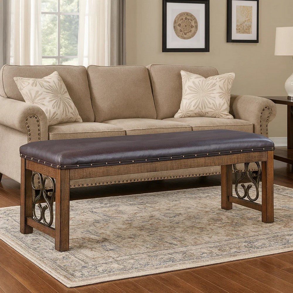 Ral Bench | 56" | Padded | Metal Scroll | Nailhead Trim | Brown