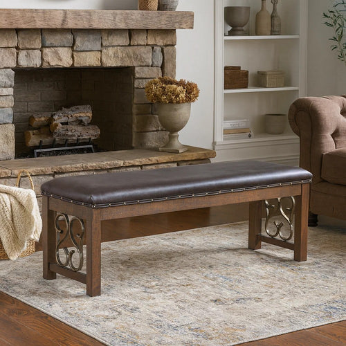 Ral Bench | 56" | Padded | Metal Scroll | Nailhead Trim | Brown