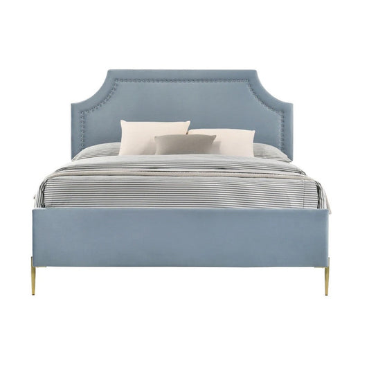 Pia Platform Queen Upholstered Bed with Chiseled Corners, Blue, Gold By Casagear Home