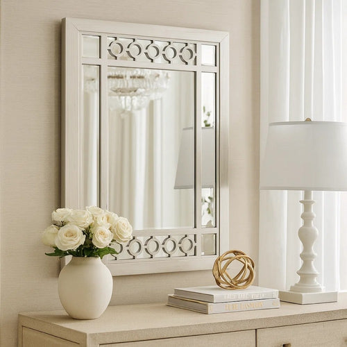 Nic 40 Inch Accent Mirror, Beveled Wood Frame Portrait, Silver