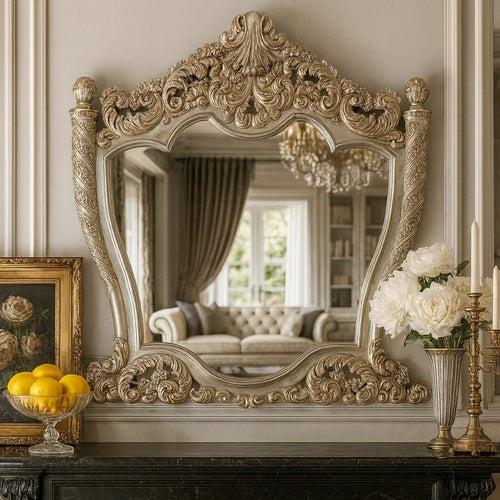 Mas 59 Inch Classic Wood Mirror, Ornate Carved Frame, Champagne Gold