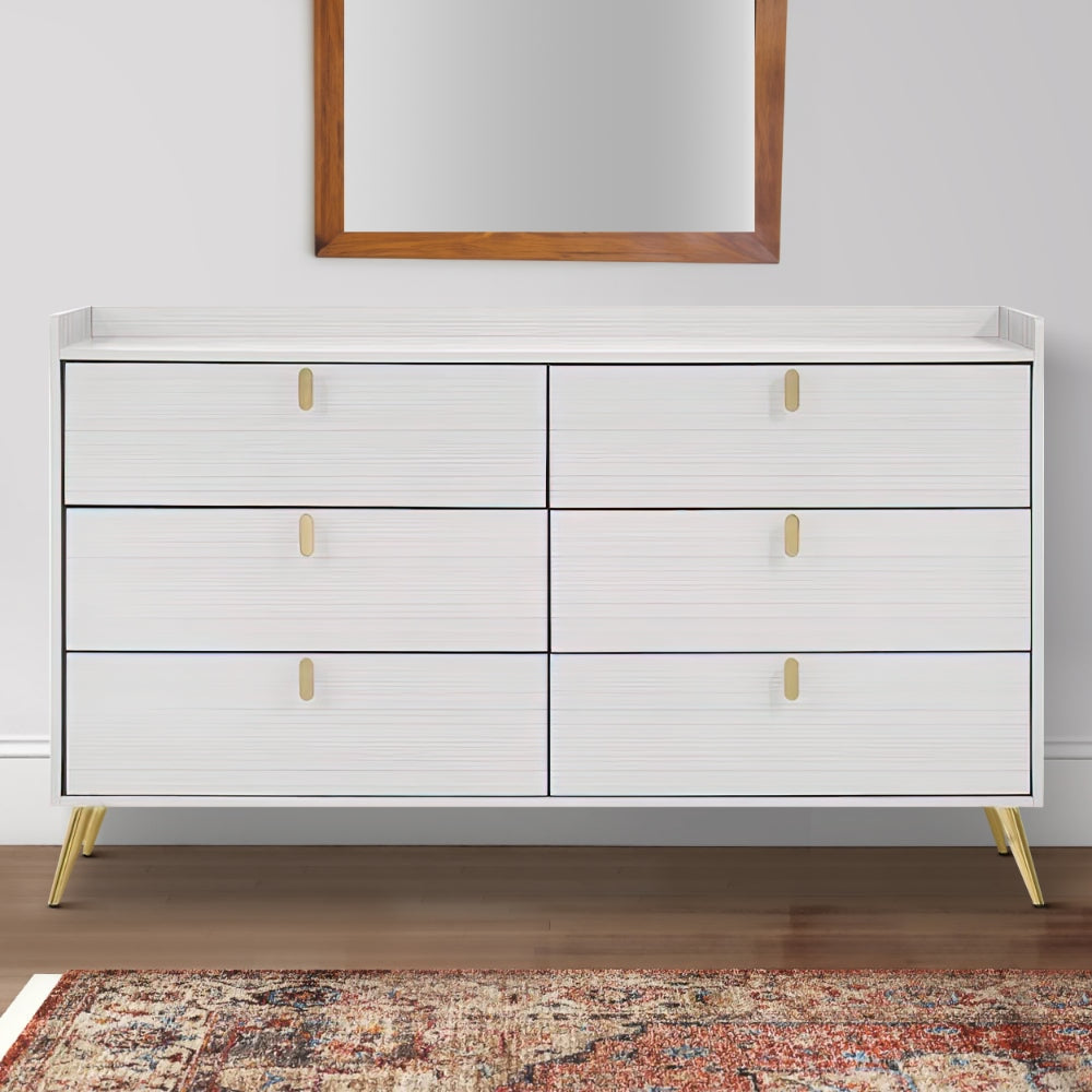 Cos 58 Inch Modern Wood Dresser with 6 Drawers Metal Handles White Gold By Casagear Home BM275715