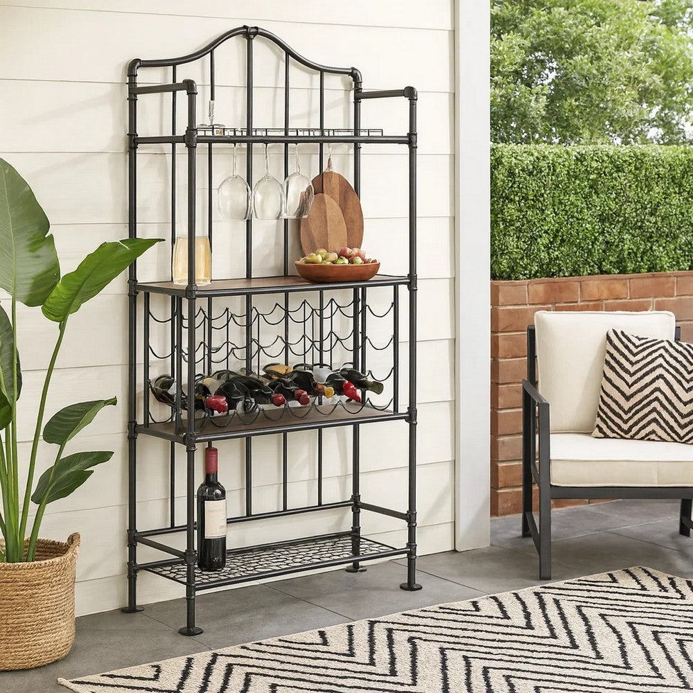 Ada 73 Inch Wine Bar Metal Rack With Shelves, Stemware, Oak Brown