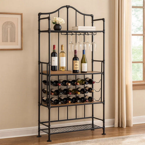 Ada 73 Inch Wine Bar Metal Rack With Shelves, Stemware, Oak Brown