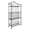 Ada 73 Inch Wine Bar Metal Rack With Shelves, Stemware, Oak Brown