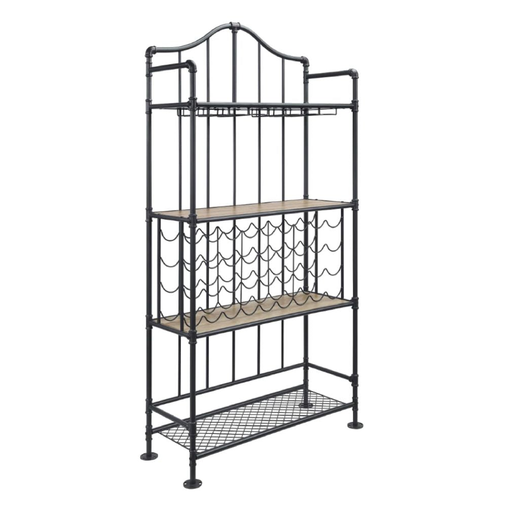 Ada 73 Inch Wine Bar Metal Rack With Shelves, Stemware, Oak Brown