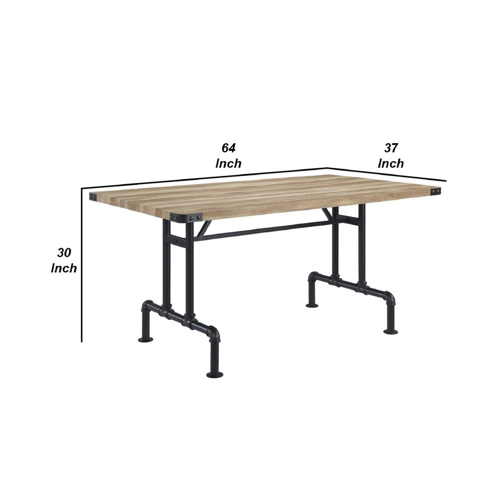 Ada 64 Inch Solid Wood Dining Table, Metal Frame, Rectangular, Brown