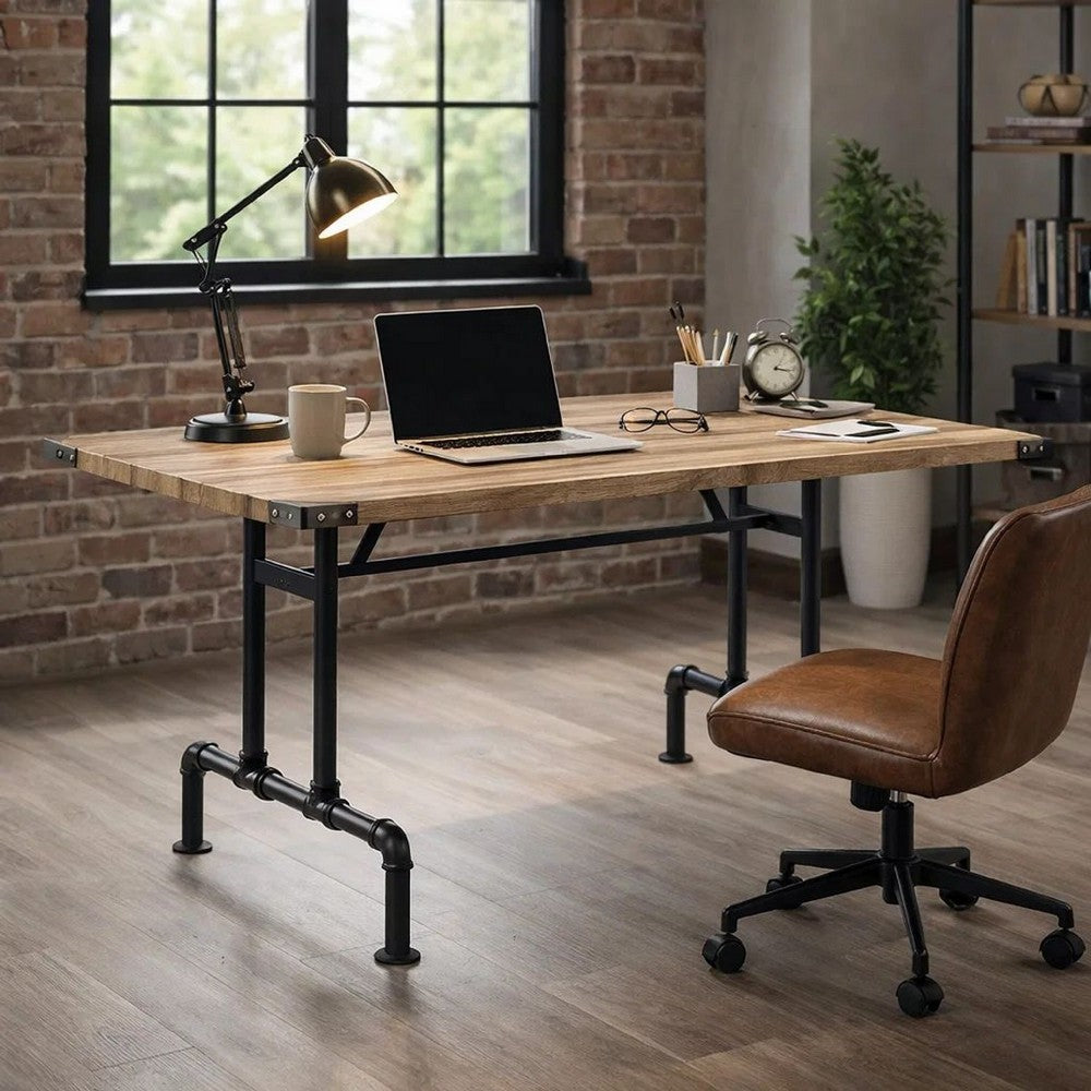 Ada 64 Inch Solid Wood Dining Table, Metal Frame, Rectangular, Brown
