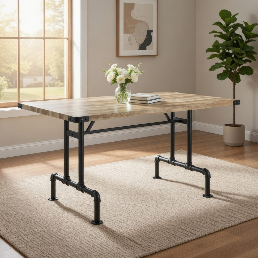 Ada 64 Inch Solid Wood Dining Table, Metal Frame, Rectangular, Brown